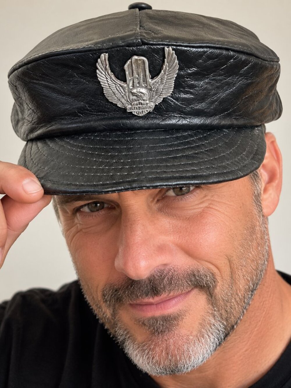 Piza Leather Biker Hat Men's Black Harley-Davidson Pin Motorcycle Cap